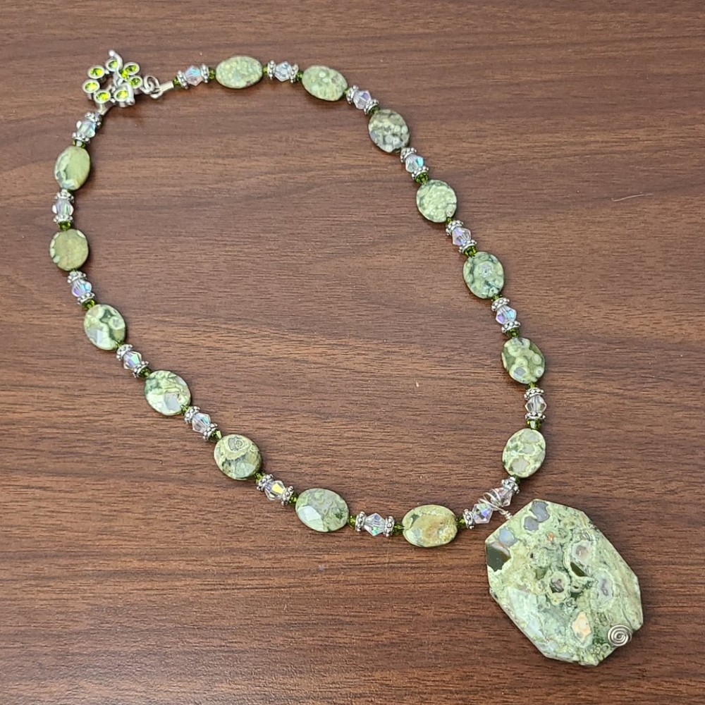 Rainforest Jasper/Swarovski sterling bead necklace